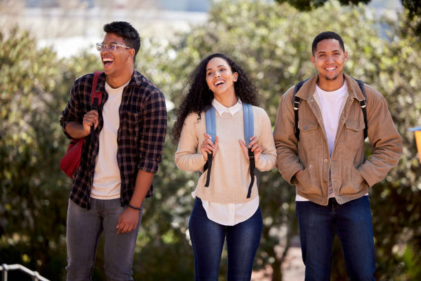 Shot of a group of students walking through campus together
