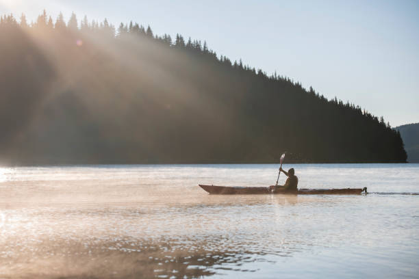 istock Senior man kayaking on sunrise. 1374876290
