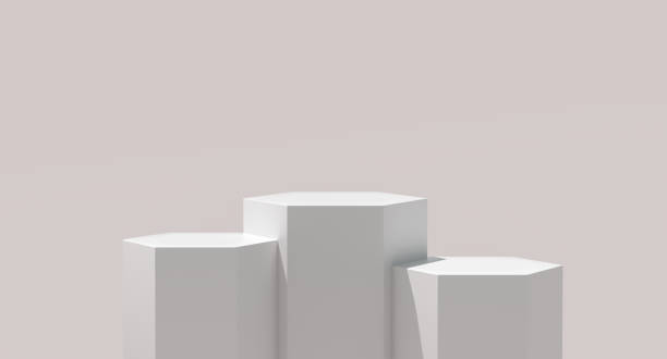 pódium na platformě šestiúhelník s oranžovým světlem na bílém pozadí pro vystavení produktu. prázdná pódiová plošina. - model vyrobený předmět - stock snímky, obrázky a fotky