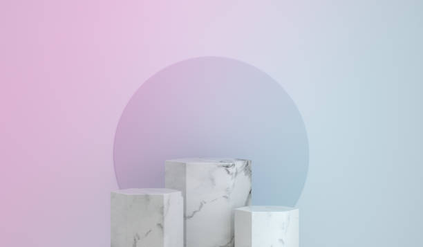 istock Marble hexagon podium pedestal product display on gradient rainbow background with minimalist backdrop studio. 1374877960
