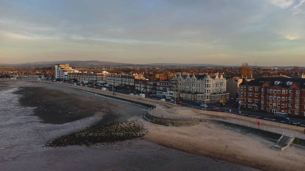 An aerial view of the seafront at Morecambe in Lancashire, UK stock photo