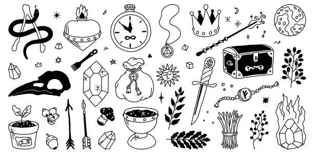 Vector illustration of Mystic elements. Esoteric magic doodle symbols, alchemy and witchcraft tattoo. Vector set
