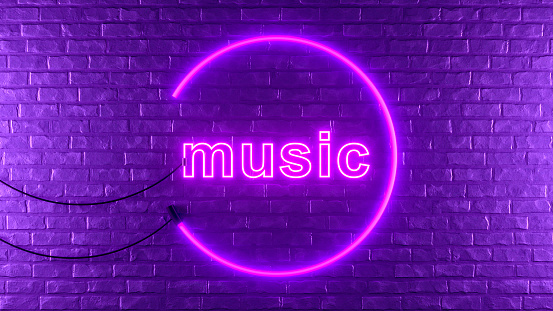 Music neon lighting sign on brick wall, 3d render.