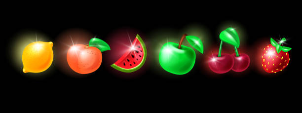 istock Casino slot fruit icon kit, glossy fresh apple, cherry, vector game gambling machine badge set. 1374924722