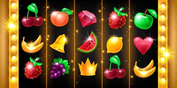 UI design elements, gold crown, green apple, glossy cherry, banana, strawberry. Casino fruit assets