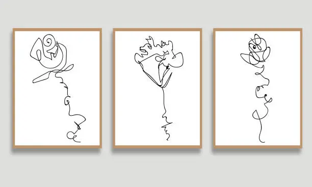 Vector illustration of Vector modern line rose flower posters set hand drawn floral and leaf wall art and postcards minimalist banners background