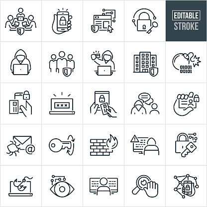 A set of cybersecurity icons that include editable strokes or outlines using the EPS vector file. The icons include a cybersecurity team at computers working, hand holding a smartphone with a lock on the screen, secure website, padlock, cybercriminal on computer, cybersecurity team, cybercriminal using stolen credit card, secure businesses, bomb, credit card with padlock, password protection on laptop computer, computer security, online purchase security, cybercriminal chatting with victim online, hand holding an ID card with padlock, email bug, key and lock, firewall, cybercriminal on desktop computer inserting malicious code, internet phishing, identity theft online, cybersecurity engineer writing code on computer, internet privacy and other related icons.