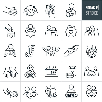 A set of charity icons that include editable strokes or outlines using the EPS vector file. The icons include a hand out with coins in palm, a donor giving charity to a recipient, making a charitable donation using smartphone, person giving a donation in the form of cash, person putting coins in a donation jar, person receiving charity, person with arm around shoulder of  a sad person, piggy bank with heart representing a charitable donation, family receiving charity, sad person holding a help sign, financial donation goal, two volunteers with arms raised, hand passing a heart to another hand, hands passing a plate to the hungry, hands holding out beans for donation, financial target, person passing financial check donation, canned food, person passing another person a box of donated food, blood donation, online charitable donation, person holding a give sign, and a couple holding a heart to represent charity donors.