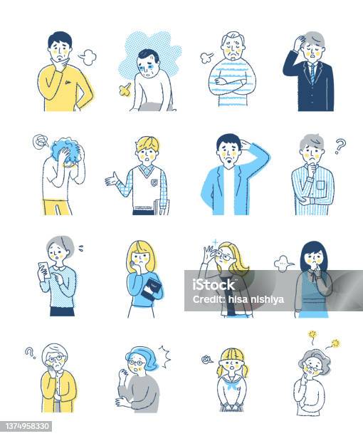 부정적인 얼굴 표정상 상체 세트와 남성과 여성의 일러스트 걱정하는에 대한 스톡 벡터 아트 및 기타 이미지 - 걱정하는, 남자 ...
