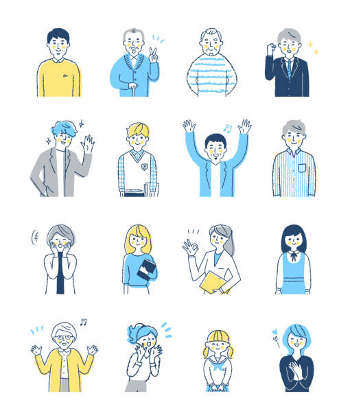 illustrazioni stock, clip art, cartoni animati e icone di tendenza di illustrazione di uomini e donne con espressioni facciali positive set di parte superiore del corpo - happiness cheerful business person variation