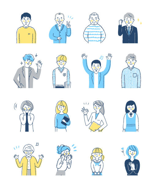ilustracja mężczyzn i kobiet z pozytywną mimiką zestaw górnej części ciała - happiness cheerful business person variation stock illustrations