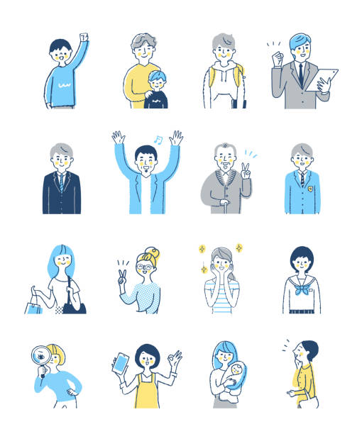 ilustracja mężczyzn i kobiet z pozytywną mimiką zestaw górnej części ciała - white background vitality happiness surprise stock illustrations