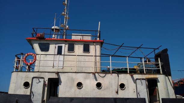 istock Tugboat bridge or wheelhouse, blue sky background 1374959462