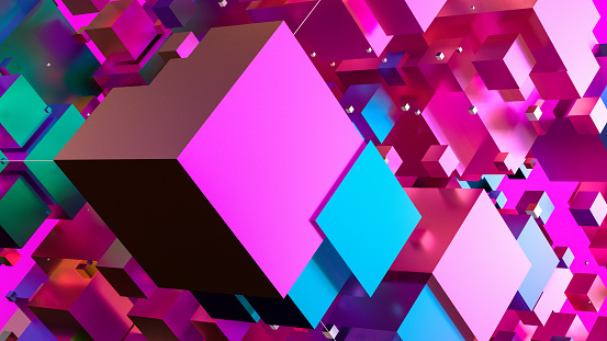 Abstract iridescent flying cubes geometric shapes background neon colored, 3d render.