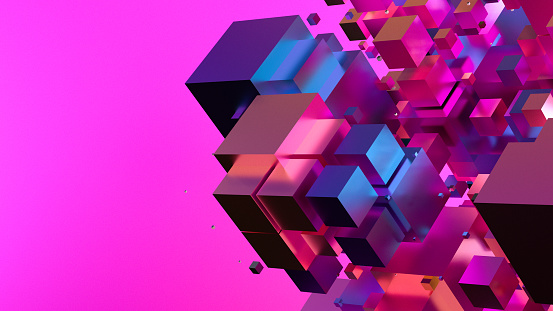 Abstract iridescent flying cubes geometric shapes background neon colored, 3d render.
