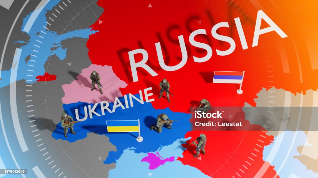 Ukraine crisis map. Ukraine and Russia military conflict. Geopolitical concept. Ukraine and Russia military conflict. Russia Stock Photo