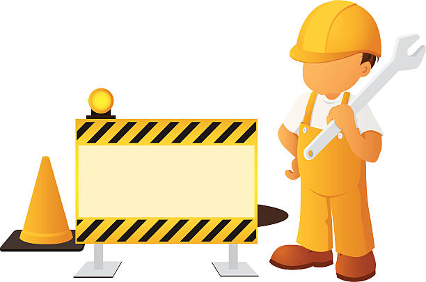 A illustration of a construction worker and a sign vector art illustration