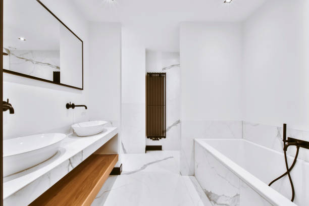 istock Stylish bathroom with marble floor 1375026122