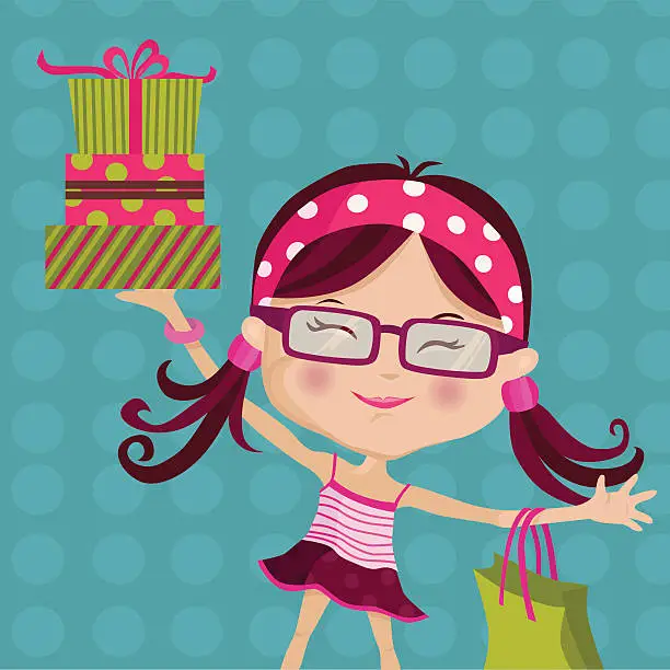 Vector illustration of Retro Girl on Gifts Shopping