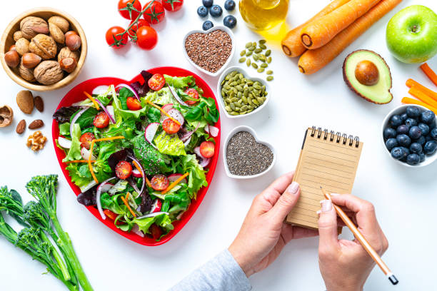 Healthy fruits and vegetables salad recipe Overhead view of a red heart shape plate with healthy salad shot on white background. Water bottle, dumbbells and a tape measure are at the top right. Female hands are writing with a pencil on a note pad. Multi colored fresh fruits, vegetables, seeds and nuts are around the salad plate. High resolution 42Mp studio digital capture taken with SONY A7rII and Zeiss Batis 40mm F2.0 CF lens slimming stock pictures, royalty-free photos & images