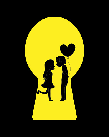 View through the keyhole. Silhouette of a girl and a boy. upcoming kiss. Romantic couple. The guy gives a balloon in the shape of a heart. Vector illustration. Isolated black background. Valentine day. Idea for web design.