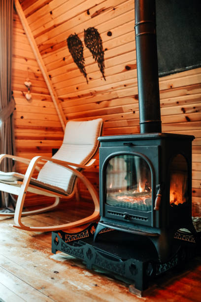 Cozy living room winter interior with fireplace