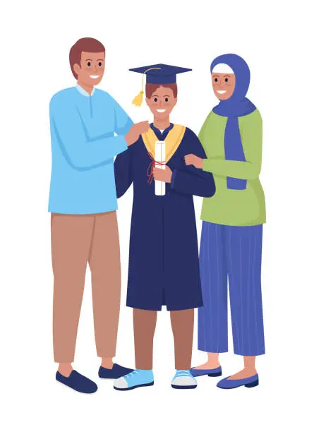 Vector illustration of Parents and son graduate semi flat color vector characters