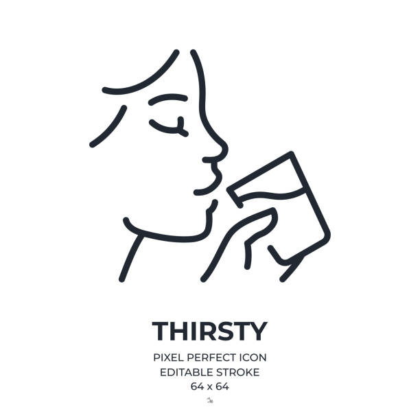 ilustrações de stock, clip art, desenhos animados e ícones de woman drinking a glass of water. thirsty concept editable stroke outline icon isolated on white background flat vector illustration. pixel perfect. 64 x 64. - thirsty