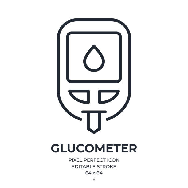 Glucometer or blood sugar monitoring system editable stroke outline icon isolated on white background flat vector illustration. Pixel perfect. 64 x 64. Glucometer or blood sugar monitoring system editable stroke outline icon isolated on white background flat vector illustration. Pixel perfect. 64 x 64. diabetes stock illustrations
