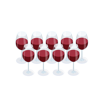Rows of glasses filled with  red wine are treats for a gala event. Isometric vector illustration isolated on white background.