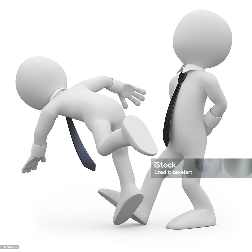 Businessman tripping a workmate Businessman tripping a workmate. Image of two isolated white characters. They wear a tie and cuffs. Rendered on a white background with diffuse shadows. Adult Stock Photo