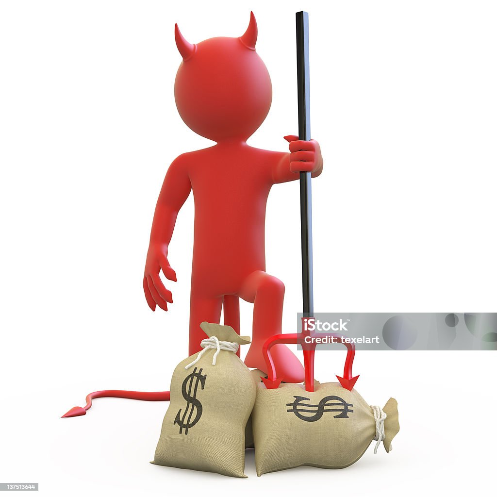 Il diavolo con Tridente bloccato nel sacco di dollari - Foto stock royalty-free di Affari