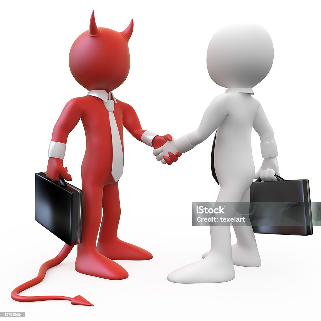 Devil and businessman closing a deal Devil closing a deal with a businessman. Image of two isolated characters. They wear a tie and cuffs. Rendered on a white background with diffuse shadows. Adult Stock Photo