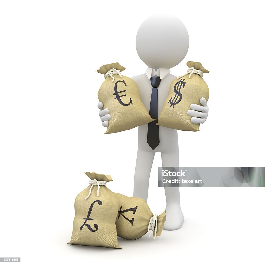 Бизнесмен с сумки и деньги, доллар, евро, фунт, иена - Стоковые фото Банковский счёт роялти-фри