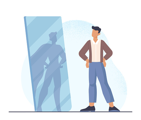 Superhero in reflection abstract concept. Young male entrepreneur looks in mirror and sees strong man in cape. Professional achievements and business promotion. Cartoon flat vector illustration
