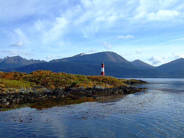 Ushuaia, South America with lighthouse on island Ushuaia, South America with lighthouse on island. Southern most city in the world les eclaireurs lighthouse photos stock pictures, royalty-free photos & images