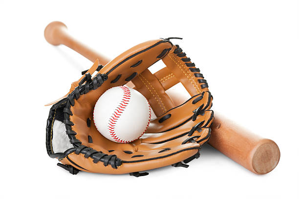 Leather glove with baseball and bat on white Leather glove with baseball and bat isolated over white background baseball glove stock pictures, royalty-free photos & images