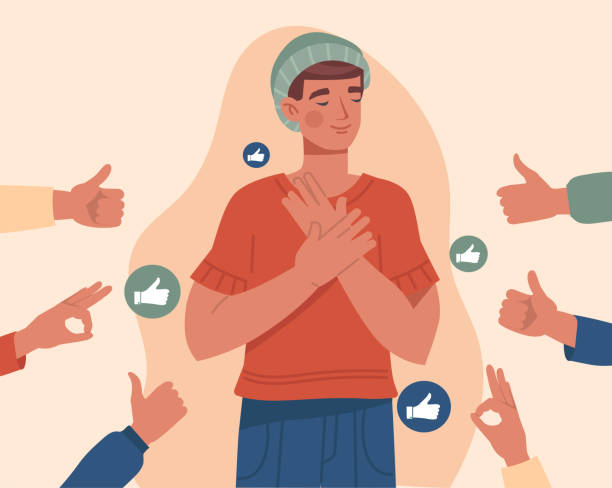 Public approval or praise abstract concept Public approval or praise abstract concept. Satisfied man surrounded by hands showing ok and thumbs up gestures. Positive assessment of excellent work of employee. Cartoon flat vector illustration Surrounding stock illustrations