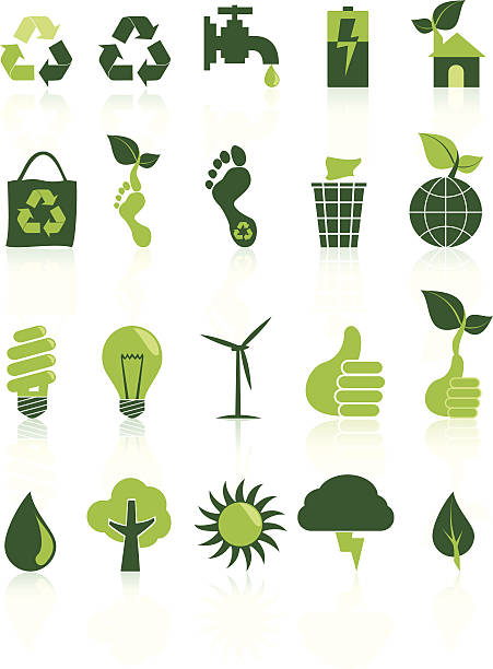 illustrazioni stock, clip art, cartoni animati e icone di tendenza di set di icone di ambiente riciclo - recycling carbon footprint footprint sustainable resources