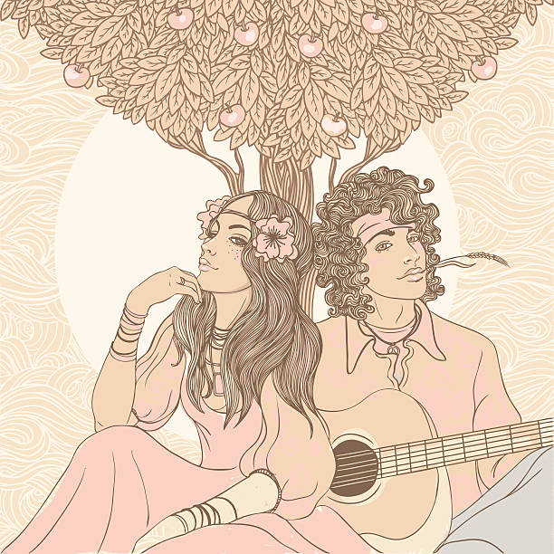 히피 커플입니다, 벡터, 일러스트 - 1970s style hippie couple retro revival stock illustrations