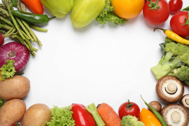 istock Frame of fresh vegetables on white background, flat lay. Space for text 1375201441