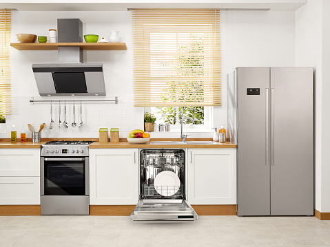 Wide angle shot of a domestic kitchen with modern appliances