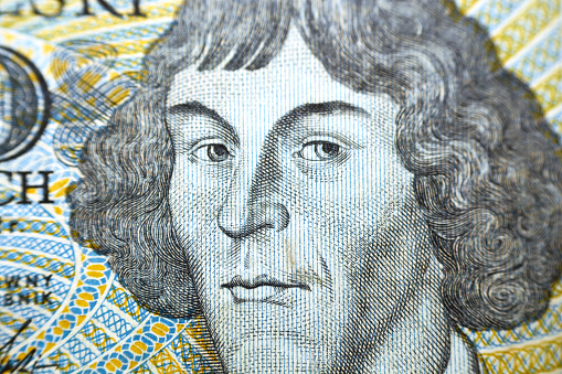A portrait of Nicolaus Copernicus (Mikolaj Kopernik) from a fragment of the obverse side of 1000 one thousand old Polish Zlotych banknote currency year 1982, old Zloty money, Poland, vintage retro