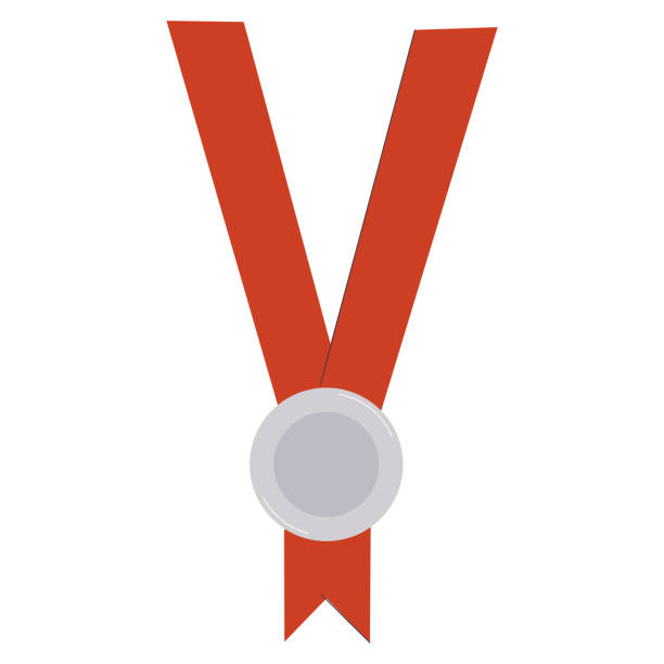 istock Medal with red ribbon for the winners. Silver, second place. Competitor Award. Medal icon on a white background. Flat vector illustration. 1375212134