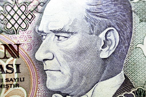 The portrait of president Mustafa Kemal Ataturk from the obverse side of 10000 ten thousand Turkish lira banknote currency year 1989 Issued by central bank of Turkey, old vintage retro