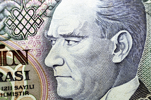 The portrait of president Mustafa Kemal Ataturk from the obverse side of 10000 ten thousand Turkish lira banknote currency year 1989 Issued by central bank of Turkey, old vintage retro