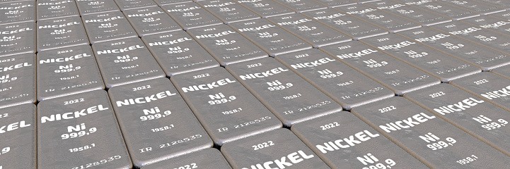 Lots of ingots of 999.9 Fine Nickel lie in a row. Background. 3D illustration