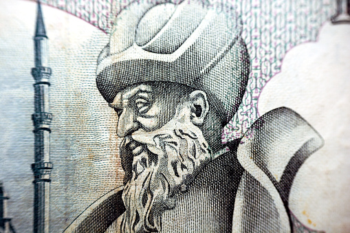 A portrait of the Turkish architect Mimar Sinan (1490 - 1588) on the reverse side of 10000 ten thousand Turkish lira banknote currency year 1989 by bank of Turkey, old money, vintage retro