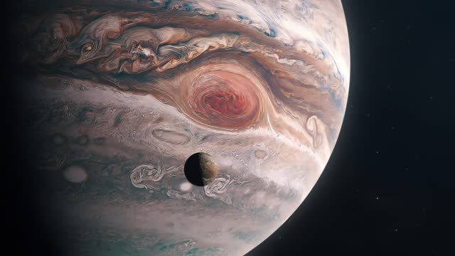 The Moon Ganymede Orbiting the Gas Giant Planet of Jupiter