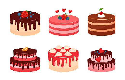 Set of delicious birthday cakes. Colorful stickers with sweet desserts with chocolate icing, berries and vanilla. Design elements for print. Cartoon flat vector collection isolated on white background